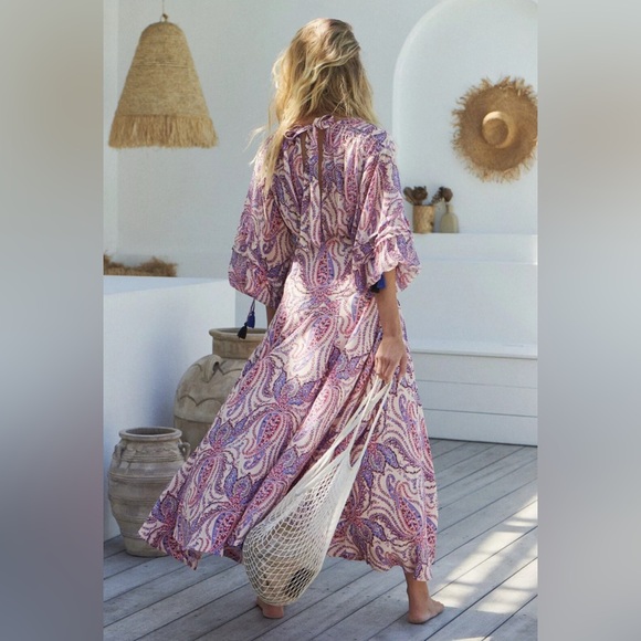 Free People l 12 Mirage Paisley Tassels Plunge V-Neck Boho Full Skirt Maxi Dress - Picture 7 of 11